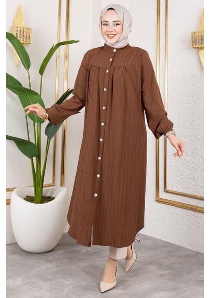 Robalı Uzun Tesettür Tunik Kahverengi