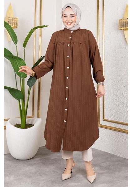 Robalı Uzun Tesettür Tunik Kahverengi fiyatları