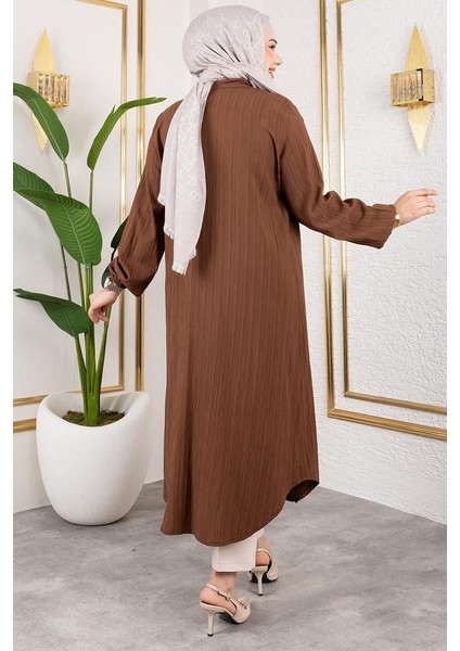 Robalı Uzun Tesettür Tunik Kahverengi modelleri