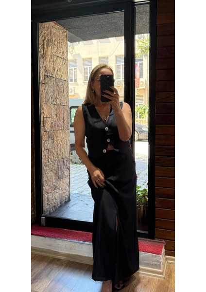 Kısa Yelek ve Maxi Yırtmaçlı Etek Takım Siyah