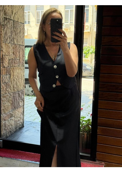 Kısa Yelek ve Maxi Yırtmaçlı Etek Takım Siyah fiyatları