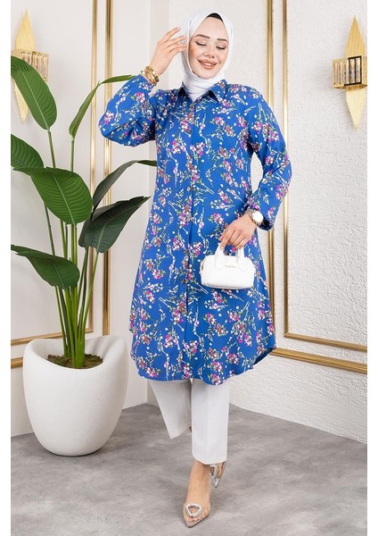 Asel Çiçekli Viskon Tunik Indigo