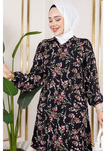 Asel Çiçekli Viskon Tunik Siyah