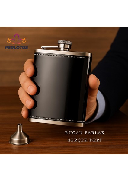 8 Oz 240 cc Rugan Siyah Hakiki Deri Viski Cep Matarası Shot Bardaklı Set Kutulu Babalar Günü Hediye