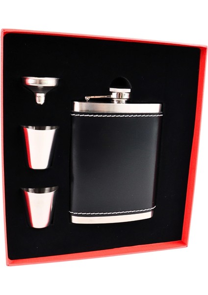 8 Oz 240 cc Rugan Siyah Hakiki Deri Viski Cep Matarası Shot Bardaklı Set Kutulu Babalar Günü Hediye