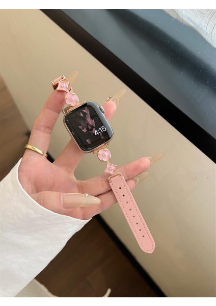 Apple Watch 11-10 42MM 5 6 7 8 9 Se 38 40 41MM Uyumlu Zari Inci Taşlı Deri Kordon Kayış