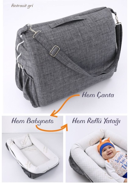 Umay Çantalı Taşınabilir Yatağı, Babynest, Anne Çantası - Antrasit