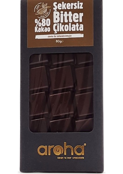 %80 Kakao Şekersiz Bitter Çikolata - Stevia ile Tatlandırılmıştır - 80 gr