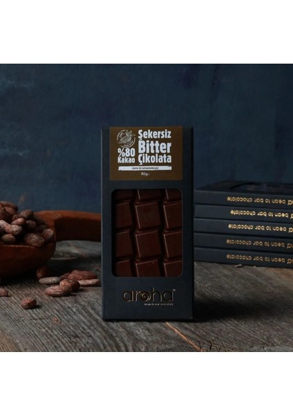 %80 Kakao Şekersiz Bitter Çikolata - Stevia ile Tatlandırılmıştır - 80 gr