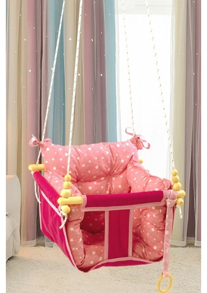 Wag Swing Pembe Çocuk Ahşap Salıncak Bebek Hamak Ev Tavan Bahçe Salıncağı