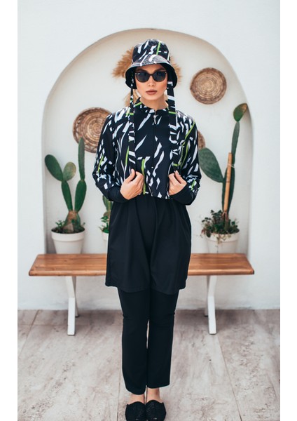 Zebra Lime Kadın Kısa Desenli Fermuarlı Tam Kapalı Tesettür Mayo 3'lu Set