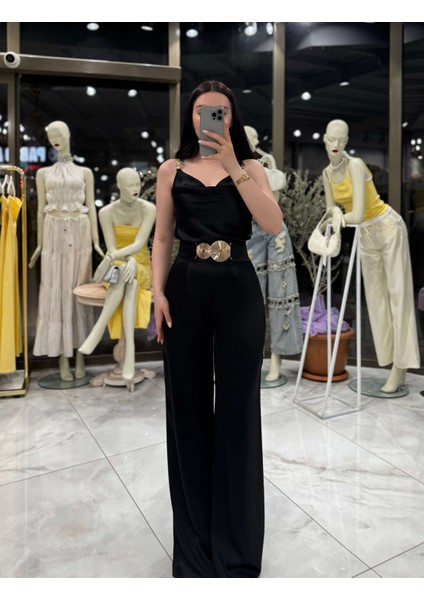 Aliya Gold Aksesuar Detaylı Tam Yüksek Bel Saten Pantolon Siyah