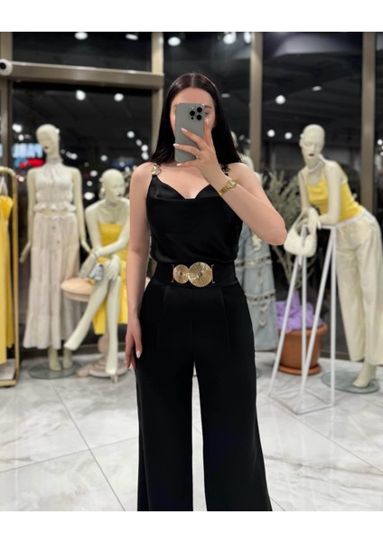 Aliya Gold Aksesuar Detaylı Tam Yüksek Bel Saten Pantolon Siyah fiyatları