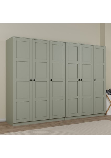 Lucas 6 Kapaklı, 12 Raf Bölmeli, Askılıklı Geniş Elbise Dolabı, Gardırop, Yeşil