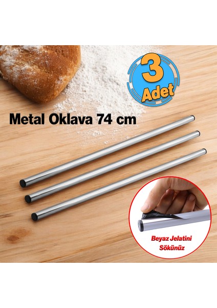 (3 Adet) Alüminyum Metal Oklava Tekli 74 cm Mutfak Börek Hamur Un Yufka Açma Silindir Yuvarlak Krom