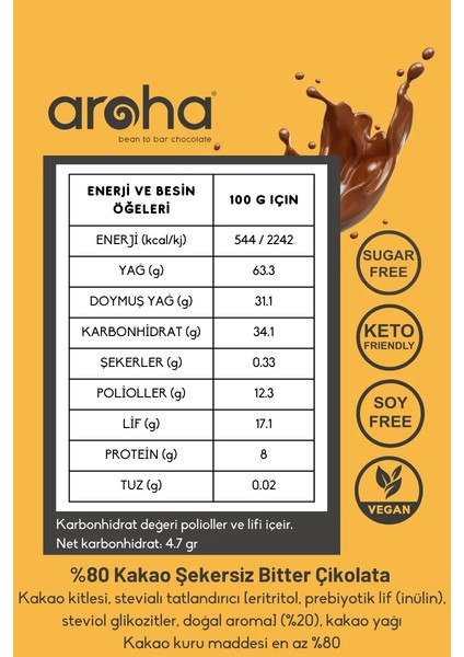 İkili Avantaj Paket %80 Kakao Şekersiz Bitter Çikolata - Stevia ile tatlandırılmıştır - 80 g x 2 Adet