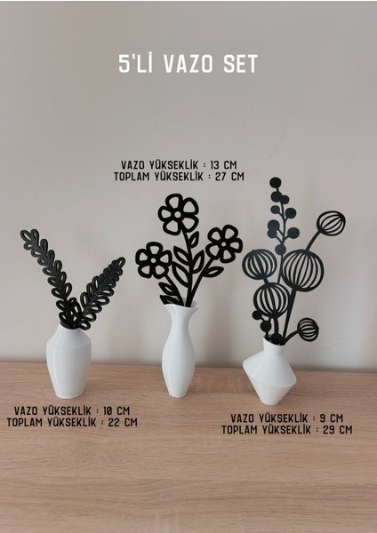 Vazolu Çiçekler Dekoratif Vazo Dekoratif Obje (5li Set Toplamda 13 Parça)