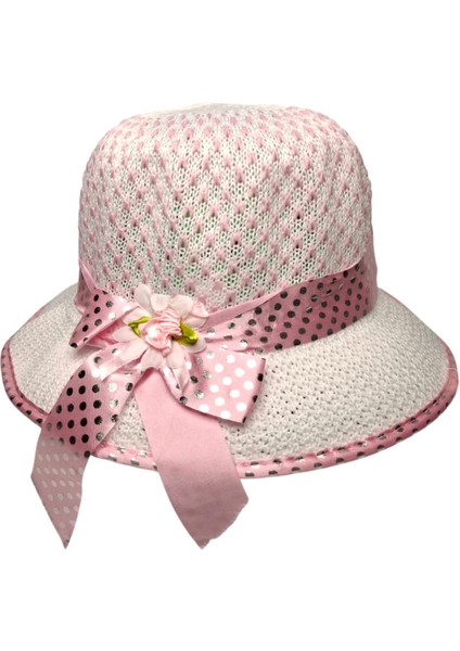 6-12 Yaş Kız Çocuk Pembe ve Beyaz Renk Kurdele Fiyonk Figürlü Yazlık Merserize Şapka fiyatları