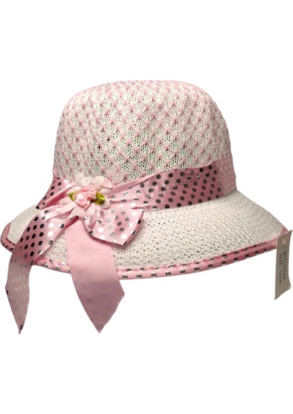 6-12 Yaş Kız Çocuk Pembe ve Beyaz Renk Kurdele Fiyonk Figürlü Yazlık Merserize Şapka modelleri