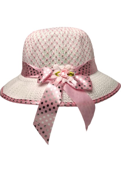 6-12 Yaş Kız Çocuk Pembe ve Beyaz Renk Kurdele Fiyonk Figürlü Yazlık Merserize Şapka fırsatları