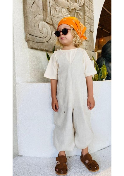 V Yaka Paça Lastikli Keten Salopet 2-7 Yaş Naturel