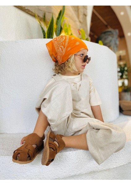 V Yaka Paça Lastikli Keten Salopet 2-7 Yaş Naturel fiyatları