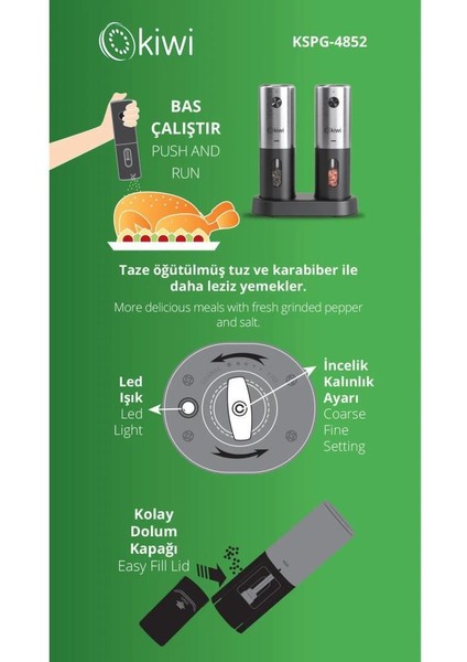 KSPG-4852 Şarjlı Paslanmaz Çelik Tuz Karabiber Değirmeni Otomatik Baharat Öğütücü 2li Paket fiyatları