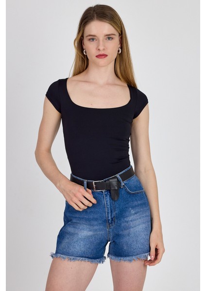 Siyah Kare Yaka Kısa Kol Body 3116