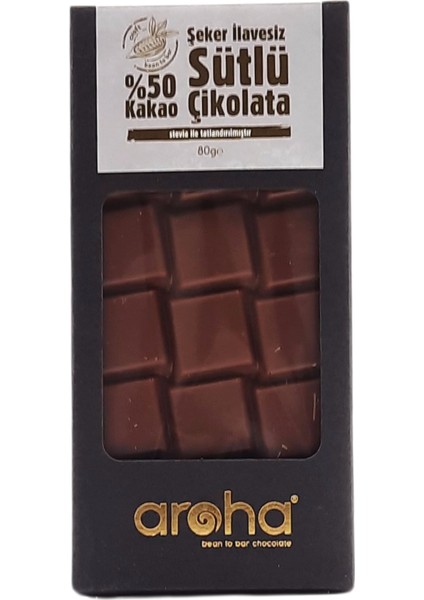 %50 Kakao Şeker İlavesiz Sütlü Çikolata - Stevia ile Tatlandırılmıştır- 80 gr