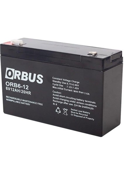 Orbus 6 Volt 12 Amper Kuru Akü Orb6-12 (150X50X94 Mm)