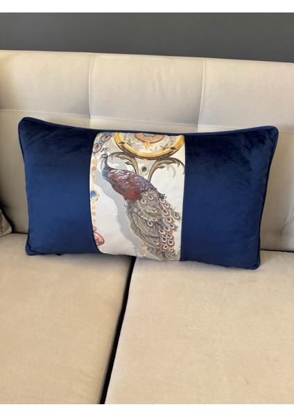 Tavus Kuşu Desenli Kırlent Kılıfı Lacivert 35*50