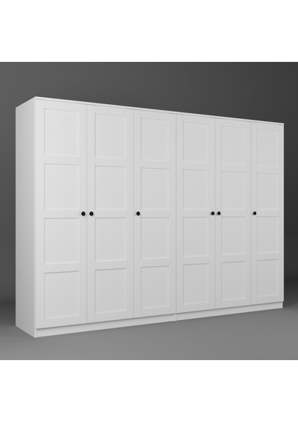 Lucas 6 Kapaklı, 12 Raf Bölmeli, Askılıklı Geniş Elbise Dolabı, Gardırop, Beyaz 190*270