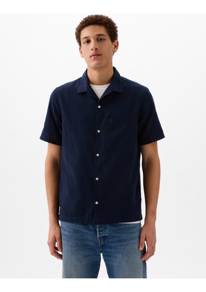 Erkek Lacivert Keten Karışımlı Gömlek