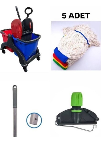 Çift Kovalı Plastik Temizlik Arabası Paspas Arabası Islak Mop Seti 5 Adet Islak Mop