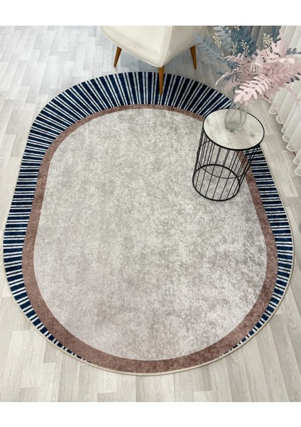 Lacivert Renk Çizgili Oval Kaymaz Taban Halı modelleri