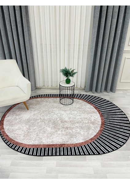 Bej Renk Çizgili Oval Kaymaz Taban Halı modelleri