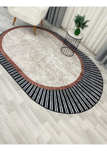 Bej Renk Çizgili Oval Kaymaz Taban Halı fırsatları