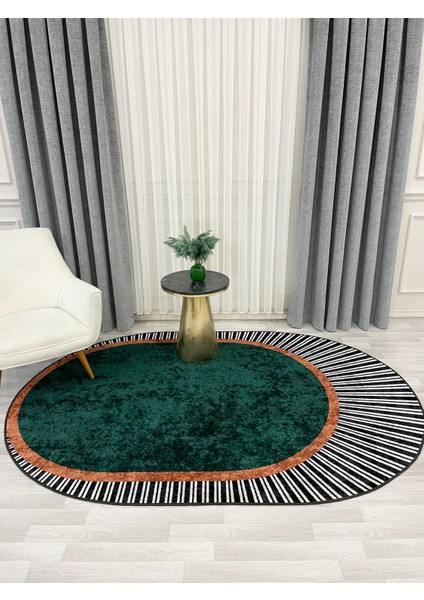 Yeşil Renk Çizgili Oval Kaymaz Taban Halı