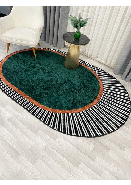 Yeşil Renk Çizgili Oval Kaymaz Taban Halı fiyatları