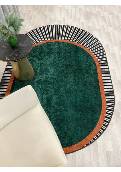 Yeşil Renk Çizgili Oval Kaymaz Taban Halı