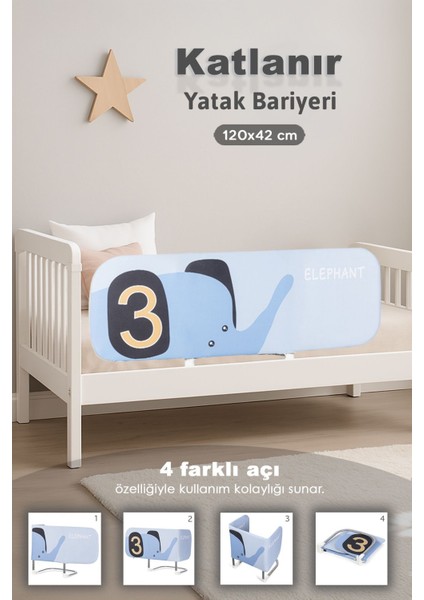 120X42 cm Katlanır Bebek Yatak Bariyeri - Fil Figürlü Koruma Güvenlik Bariyeri Baza Korkuluğu