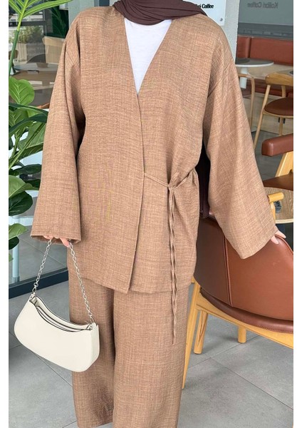 Bağlama Detaylı Kimono Tesettür Takım Acı Kahverengi modelleri