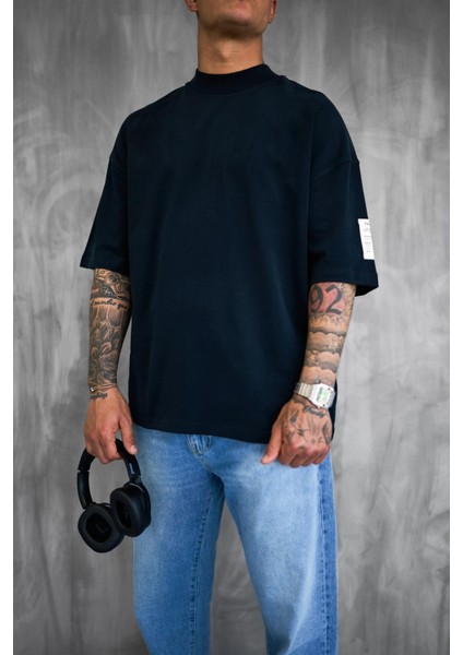 Erkek Oversize Fitilli Bisiklet Yaka T-Shirt Siyah