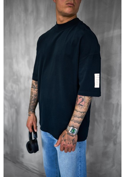 Erkek Oversize Fitilli Bisiklet Yaka T-Shirt Siyah