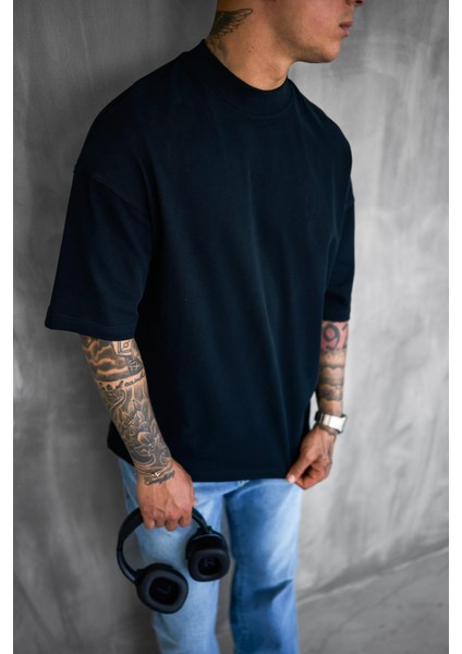 Erkek Oversize Fitilli Bisiklet Yaka T-Shirt Siyah