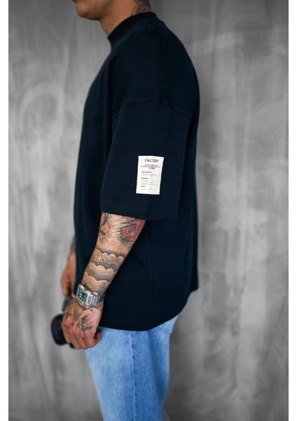 Erkek Oversize Fitilli Bisiklet Yaka T-Shirt Siyah