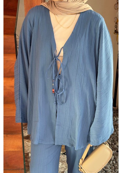 Önü Bağcıklı Bluz-Pantolonlu Ikili Tesettür Takım Mavi modelleri