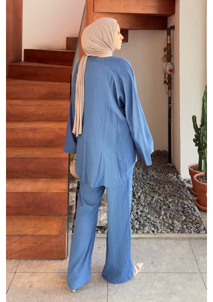 Önü Bağcıklı Bluz-Pantolonlu Ikili Tesettür Takım Mavi fırsatları