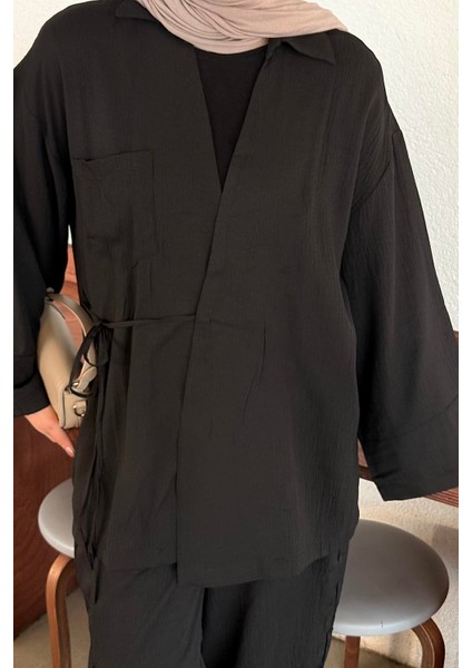 Yandan Bağlamalı Kimono -Şalvar Ikili Tesettür Takım Siyah modelleri