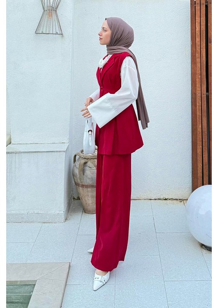 Ince Kuşaklı Yelekli Takım Bordo